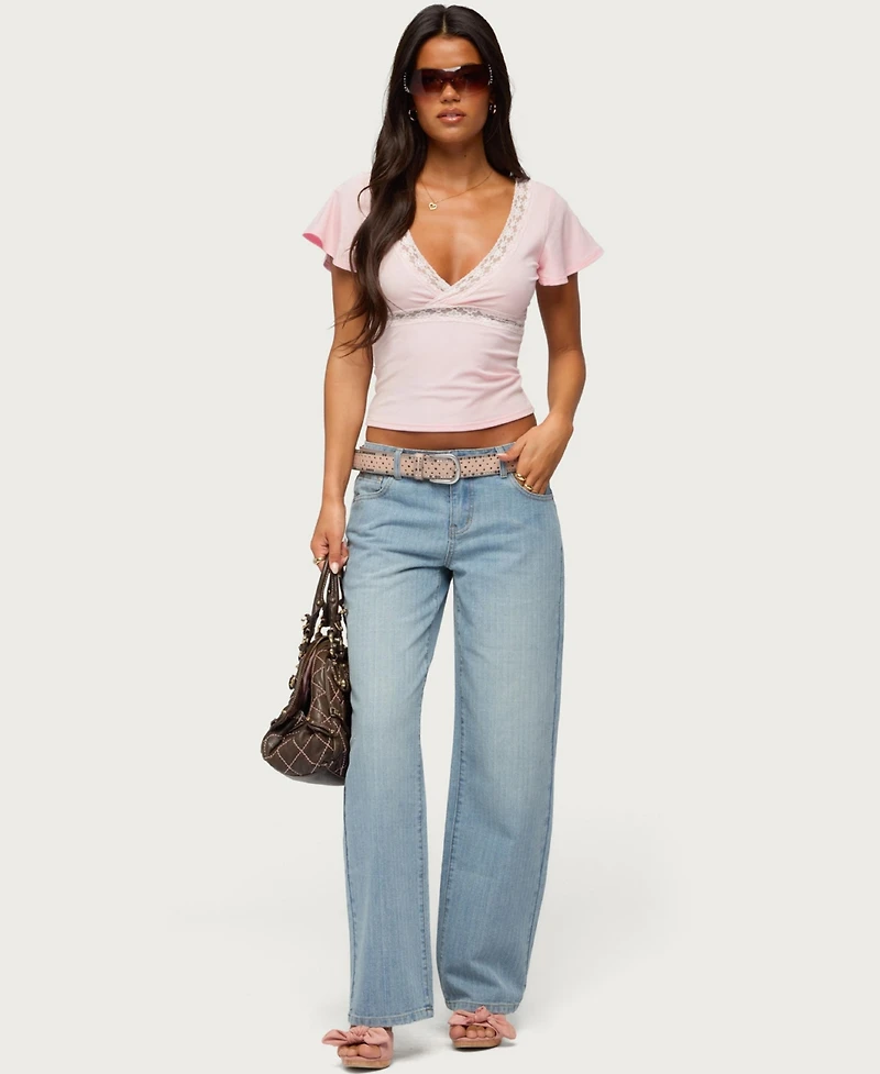 Edikted Women's Yvetta Lacey V-Neck Lace Flutter-Sleeve Blouse