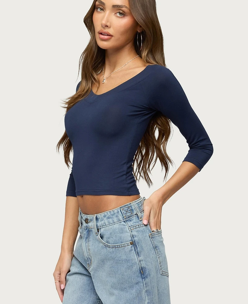 Edikted Women's Cecilie Cropped V-Neck 3/4-Sleeve Top