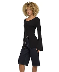 Blank Nyc Women's Ribbed-Knit Bell-Sleeve Button-Up Top