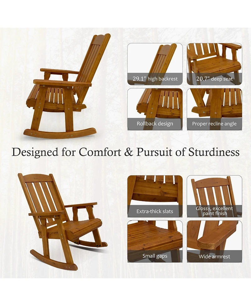 Innovaze Solid Fir Wood Outdoor Rocking Chair and Side Table Set, Heavy-Duty Patio Rocker with Comfortable Recline for Porch and Backyard