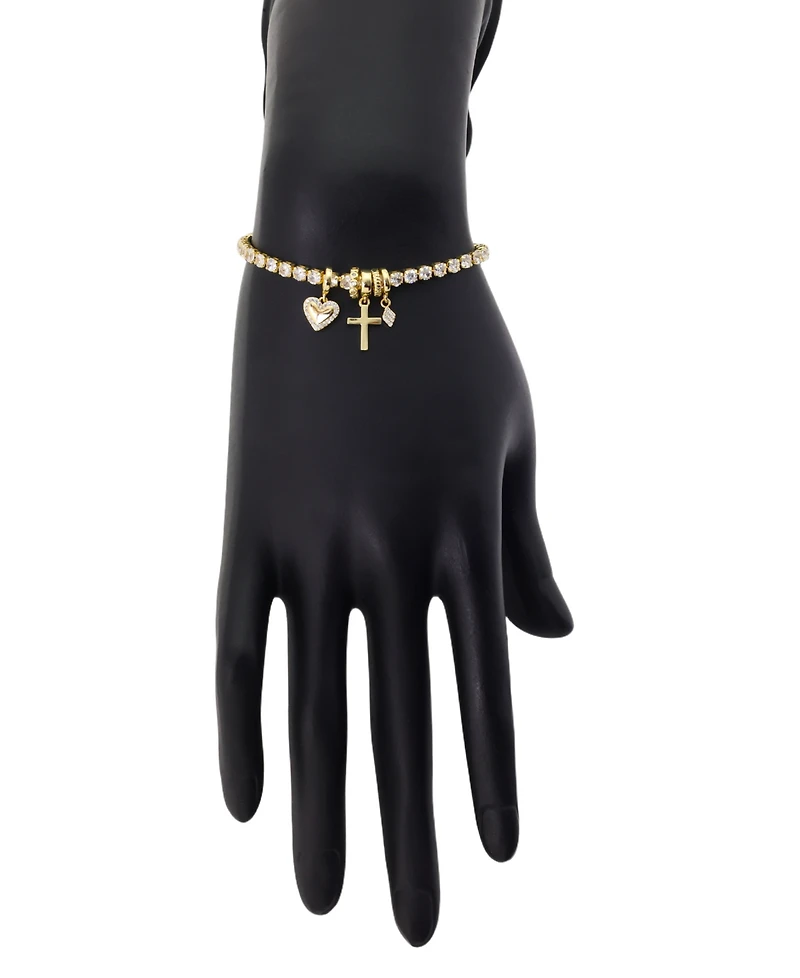 Unwritten Cubic Zirconia Gold-Plated Cross and Heart Charm Tennis Bracelet