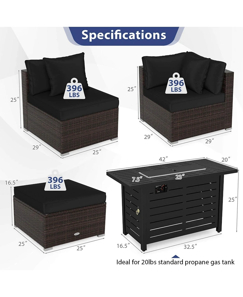 Costway 5 Pieces Patio Furniture Set Heavy-duty Frame Rattan Sofa with 60,000 Btu Firepit Table