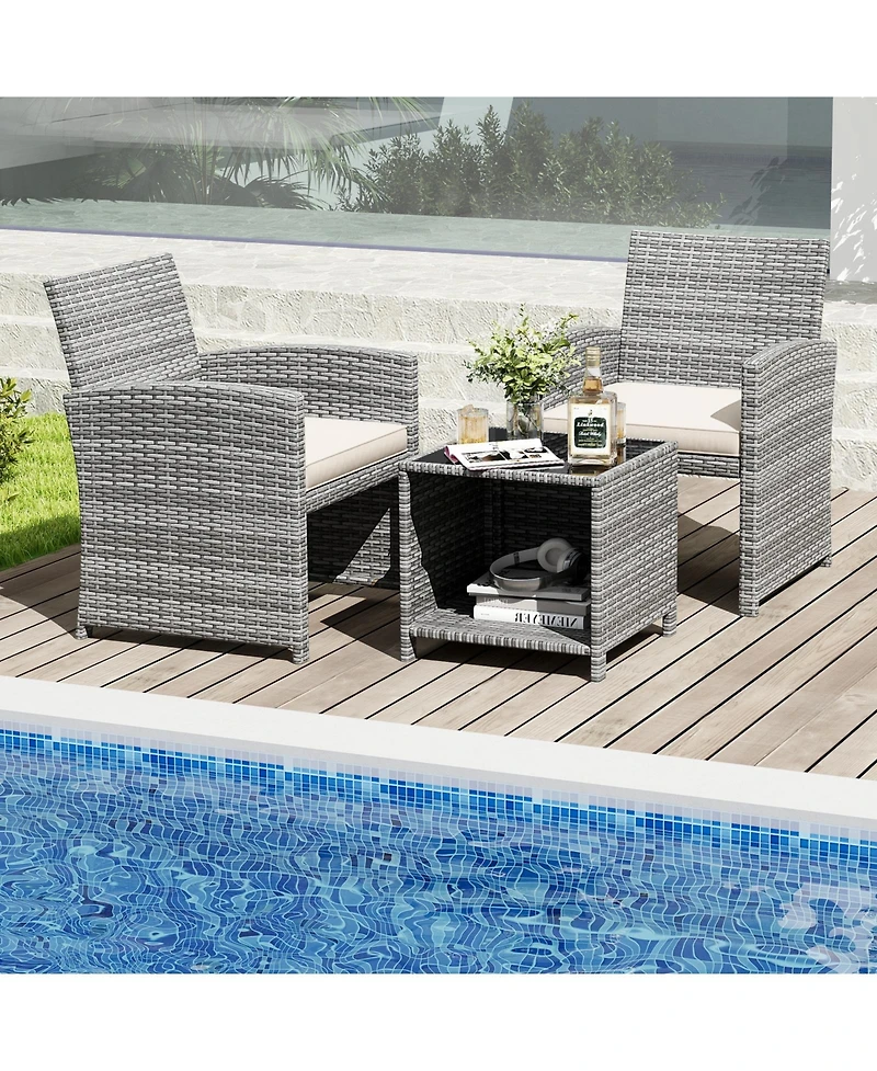Gouun 3-Piece Patio Wicker Chair and Coffee Table Set with Cushions