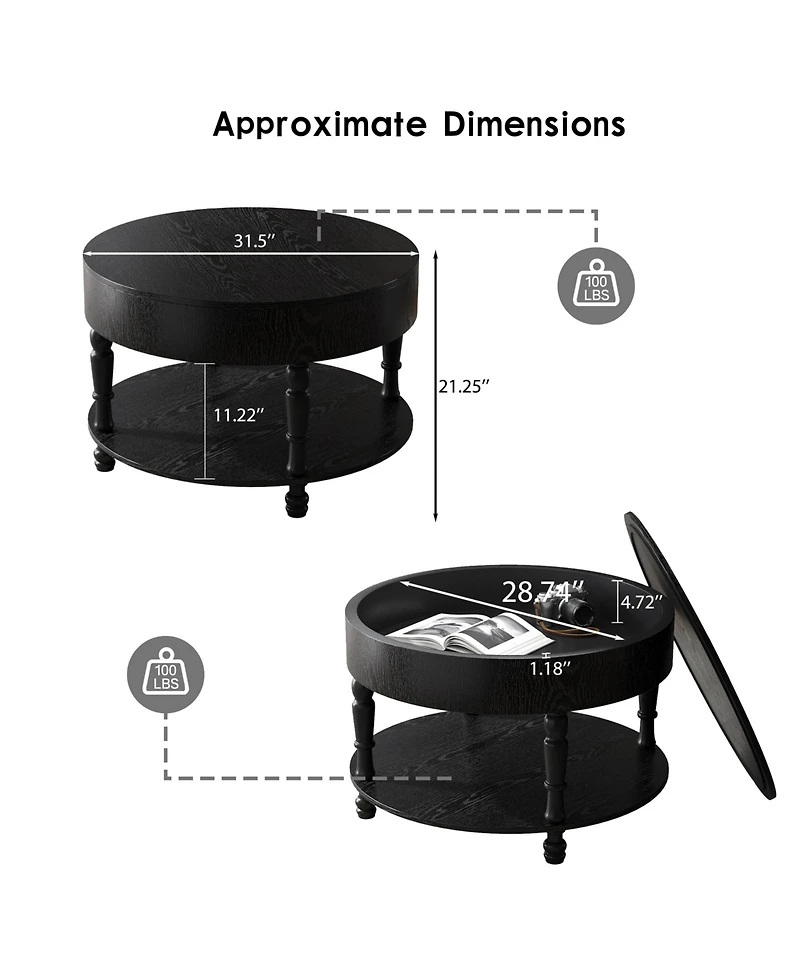 Clihome 31.5" Modern Round Coffee Table with Storage for Living Room,Adjustable Leveling Feet, Easy Assembly