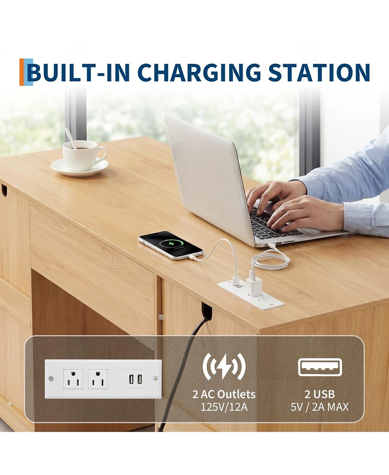 gaomon 59 Inch Office Desk with 4 Drawers Farmhouse Home Office Desk with Charging Station and Keyboard Tray/ Wooden Computer Desk