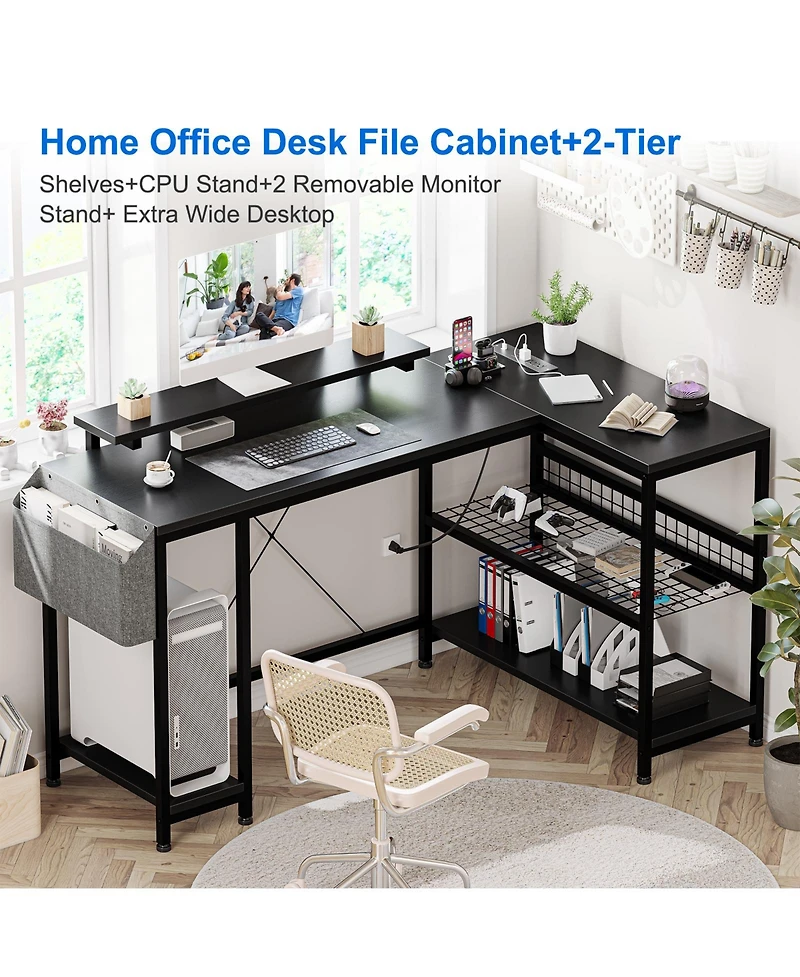 homfan 49" L Shaped Computer Desk with Power Outlet and Led Lights,Reversible Corner Writing Table,Storage Shelves, Monitor Stand