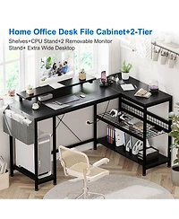 homfan 49" L Shaped Computer Desk with Power Outlet and Led Lights,Reversible Corner Writing Table,Storage Shelves, Monitor Stand