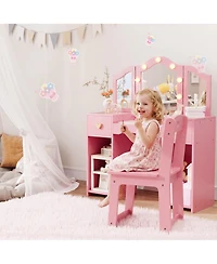 gaomon Kids Princess Vanity Table and Chair Set, Makeup Dressing with Mirror Lights, Toddler Pretend Play Beauty Toy for Girls