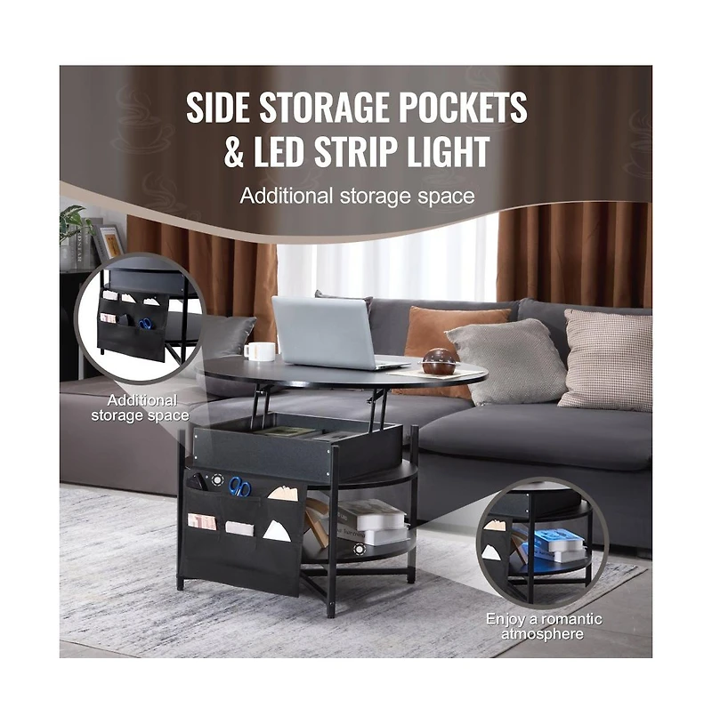 Slickblue Round Lift Top Coffee Table with Pop Up Tabletop and Storage Pockets for Small Spaces