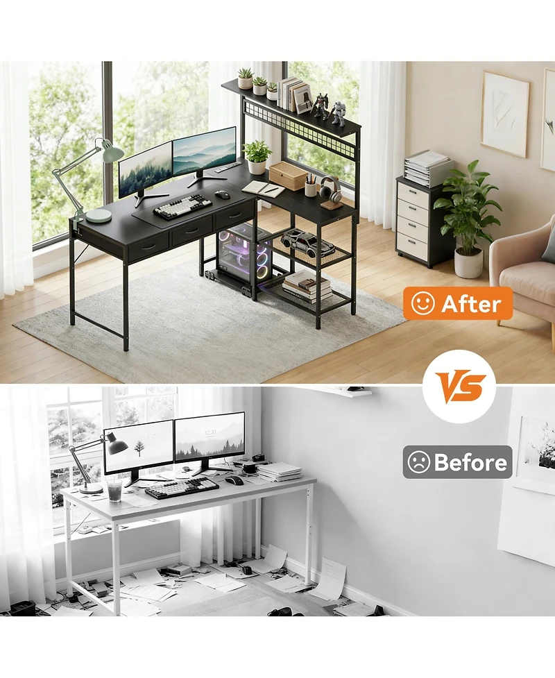 homfan L-Shaped Computer Desk with Power Outlets and Led Lights - 3-Tier Storage Shelves, Drawer, Reversible Wooden Workstation