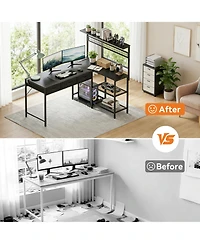 homfan L-Shaped Computer Desk with Power Outlets and Led Lights - 3-Tier Storage Shelves, Drawer, Reversible Wooden Workstation
