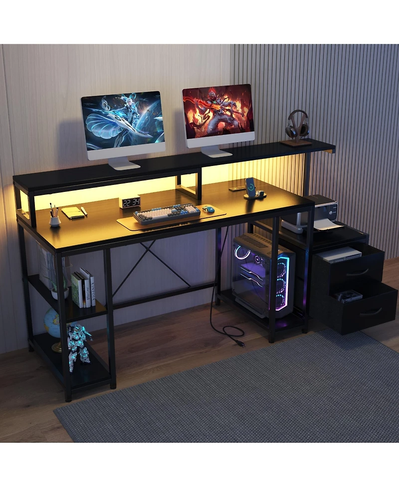 homfan Computer Gaming Desk with File Drawers, 63'' Home Office Power Outlets and Led Light, Printer Space, Monitor Stand, Storage