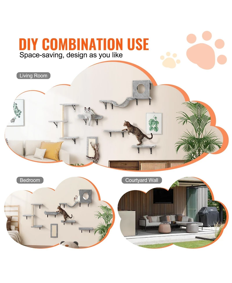 Sugift 6-Piece Wall Mounted Cat Shelves with 2 Jumping Boards Hammock Sofa Cat Tree Cat Grip Up to 40 lbs