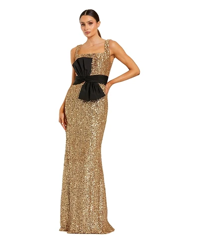 Mac Duggal Women's Sequin Column Gown with Scoop Neck and Faille Bow