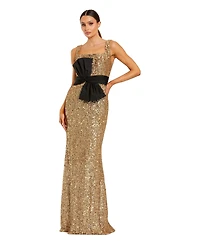 Mac Duggal Women's Sequin Column Gown with Scoop Neck and Faille Bow