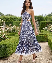 Modenaire Women's Embroidered Floral Halter Midi Dress