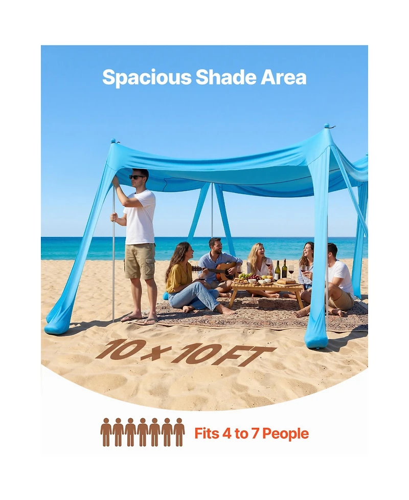 Hongge Family Beach Sun Shelter 10 x 10 feet Lycra Canopy 6.6 feet Tall with Sandbags Stability Poles and Shovels