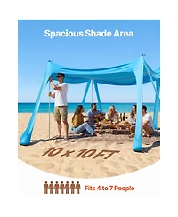 Hongge Family Beach Sun Shelter 10 x 10 feet Lycra Canopy 6.6 feet Tall with Sandbags Stability Poles and Shovels