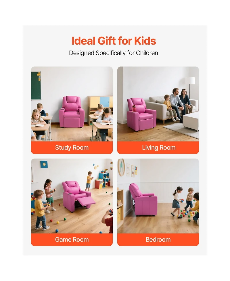 Sugift Kids Reclining Chair with Cup Holder 101degree(s) to 121degree(s) Adjustable Backrest Pu Leather 90 lbs Load
