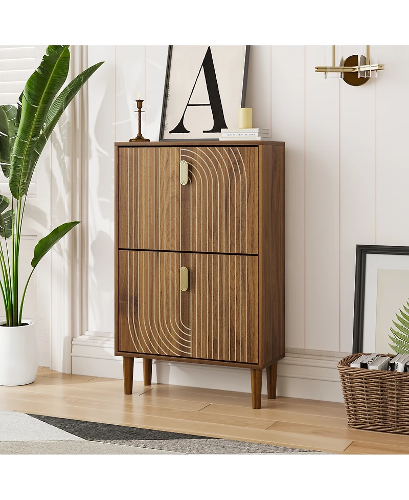 Boyel Living 23.6-Inch Freestanding Shoe Storage Cabinet with 2 Flip Drawers, Line Groove Entryway Organizer with Adjustable Shelves and Metal Handles