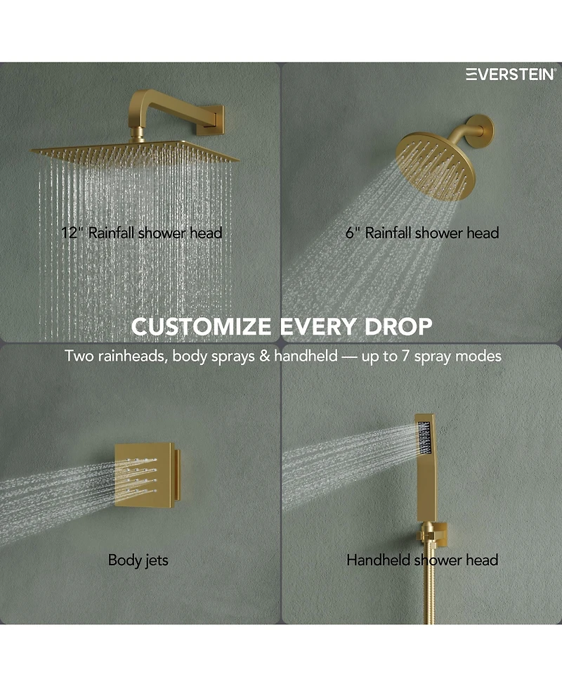Everstein Thermostatic Dual Showerheads System Wall Mount 12" High-Pressure Rainfall Shower Faucet with Handheld Spray and Body Jet