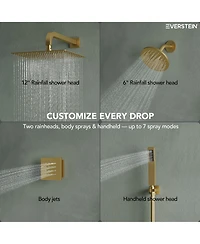 Everstein Thermostatic Dual Showerheads System Wall Mount 12" High-Pressure Rainfall Shower Faucet with Handheld Spray and Body Jet
