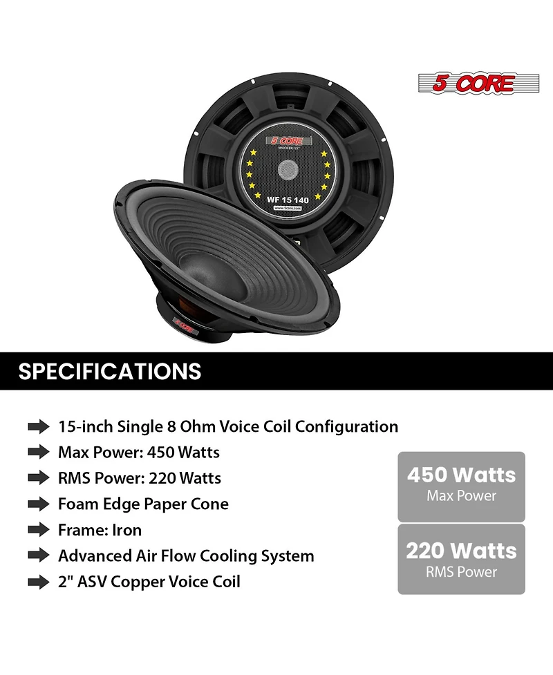 5 Core 15" Subwoofer Speaker 450W Max 8Ohm Replacement Audio Pa Dj Sub Woofer
