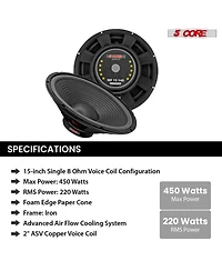 5 Core 15" Subwoofer Speaker 450W Max 8Ohm Replacement Audio Pa Dj Sub Woofer