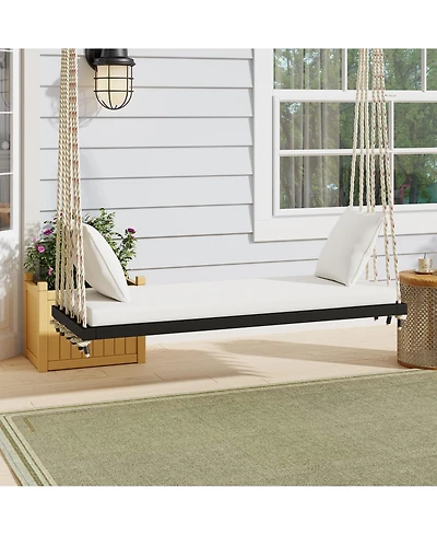 Boyel Living Wooden Porch Swing Bench with Cushion & Pillows, 10.8 ft Hemp Ropes