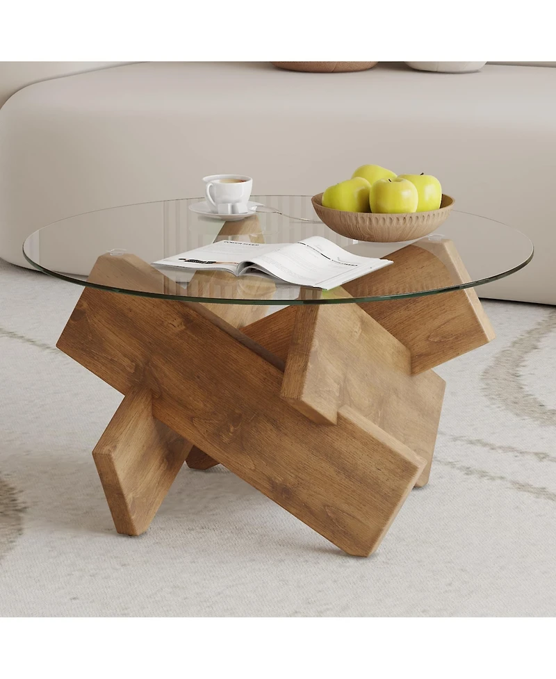 Flynama Modern Round Glass Coffee Table 33 Inch Tempered Top Wood Leg Living Room Table