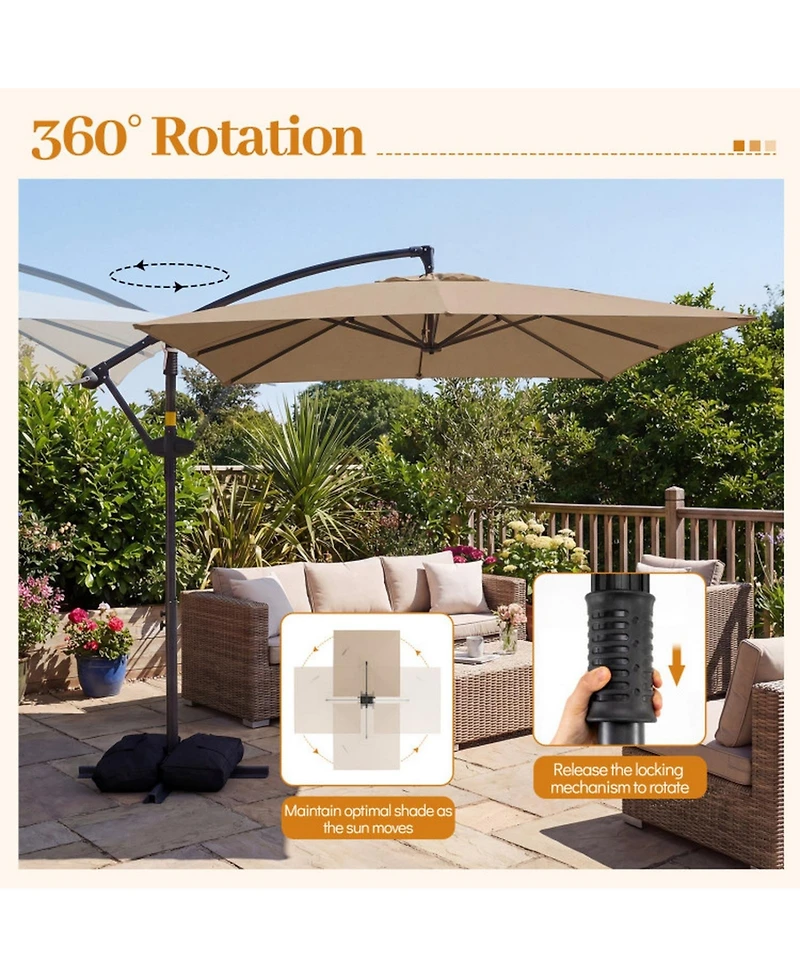 Sugift 8 x 8 Feet Offset Cantilever Patio Umbrella Square Hanging Outdoor Market Umbrella with 360 Rotation