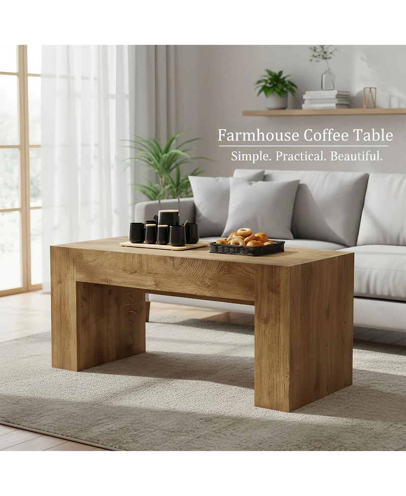 Flynama 48 Inch Farmhouse Wooden Coffee Table with Hidden Drawer