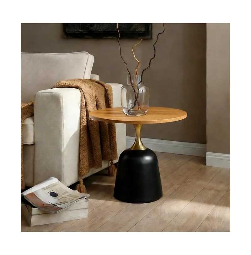 flynama 23.6" Round Metal Base Side Table Wood Grain Modern Nordic Accent Sofa Table