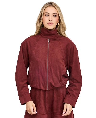 Kittenish Women's Porter Faux-Suede Bomber Funnel Neck Jacket