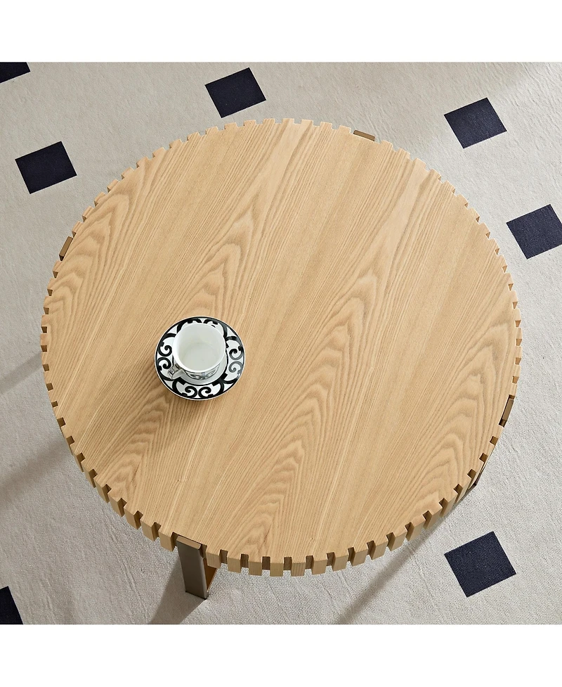 flynama 31.5" Round Drum Coffee Table Mdf Metal Pedestal Base Modern Natural Ash Accent Table