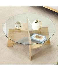 flynama 31.5 Inch Round Tempered Glass Coffee Table, Fan-Shaped Wood Grain Pedestal Table for Living Room and Office