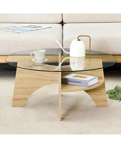 flynama 31.5 Inch Round Tempered Glass Coffee Table, Fan-Shaped Wood Grain Pedestal Table for Living Room and Office