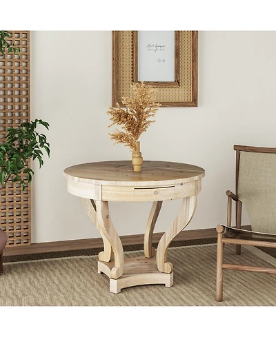 Flynama Farmhouse Round End Table 2 Drawer Mdf Veneer Accent Side Table Natural Wood
