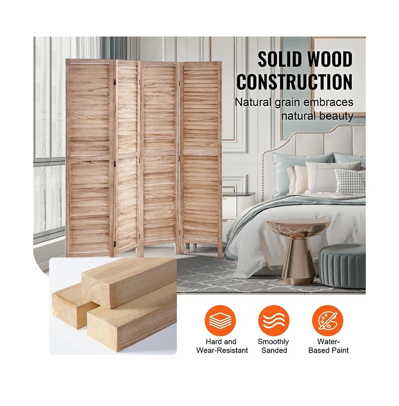 Slickblue Wooden Folding Room Divider, 4 Panel Privacy Screen, Tall Louvered Partition for Indoor Spaces-Burlywood