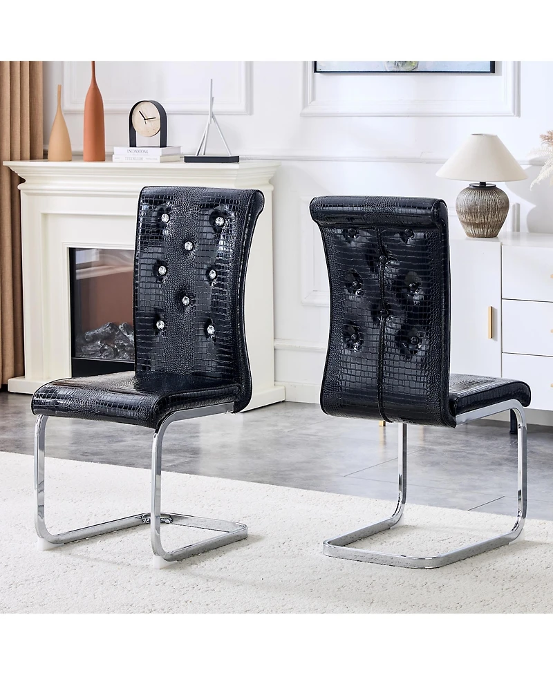 Flynama Set of 2 Retro Faux Alligator Skin Dining Chairs, Pvc Leather Chairs with Crystal Buckle and Electroplated Metal Legs