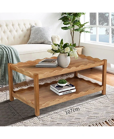 Flynama 2-Tier Rectangular Coffee Table Rubberwood Storage Shelf Modern Living Room Table