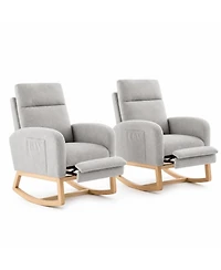 gaomon Set of 2 Soft Fabric Rocking Chairs, Adjustable Footrest and High Backrest, Solid Wood Legs with Dual Side Pockets for Restaurant or Lounge