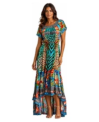 La Moda Clothing Women's Off-the-Shoulder Tiered High-Low Maxi Dress