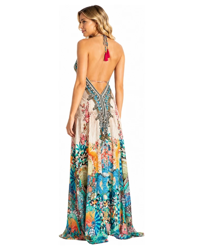 La Moda Clothing Women's Floral Halter Plunge Maxi Dress