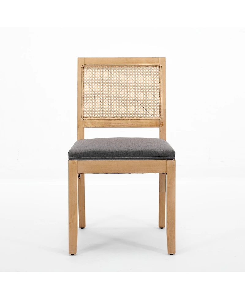 Flynama Set of 2 Hardwood Linen Upholstered Cane Rattan Dining Side Chairs