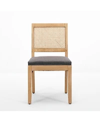 Flynama Set of 2 Hardwood Linen Upholstered Cane Rattan Dining Side Chairs
