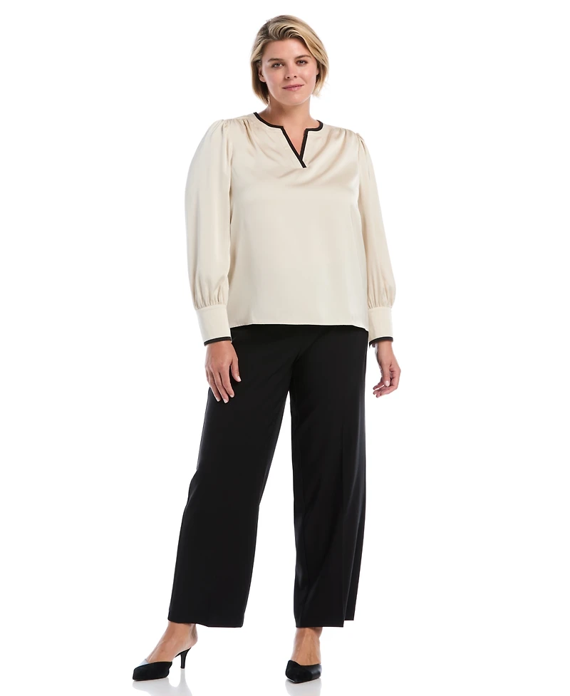 Rafaella Plus Satin Split-Neck Long-Sleeve Blouse