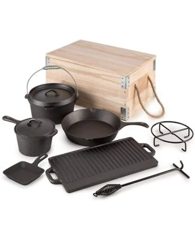 Piscifun 8 Piece Pre Seasoned Cast Iron Dutch Oven Cooking Set With Wooden Carrying Box For Outdoor Camping Home