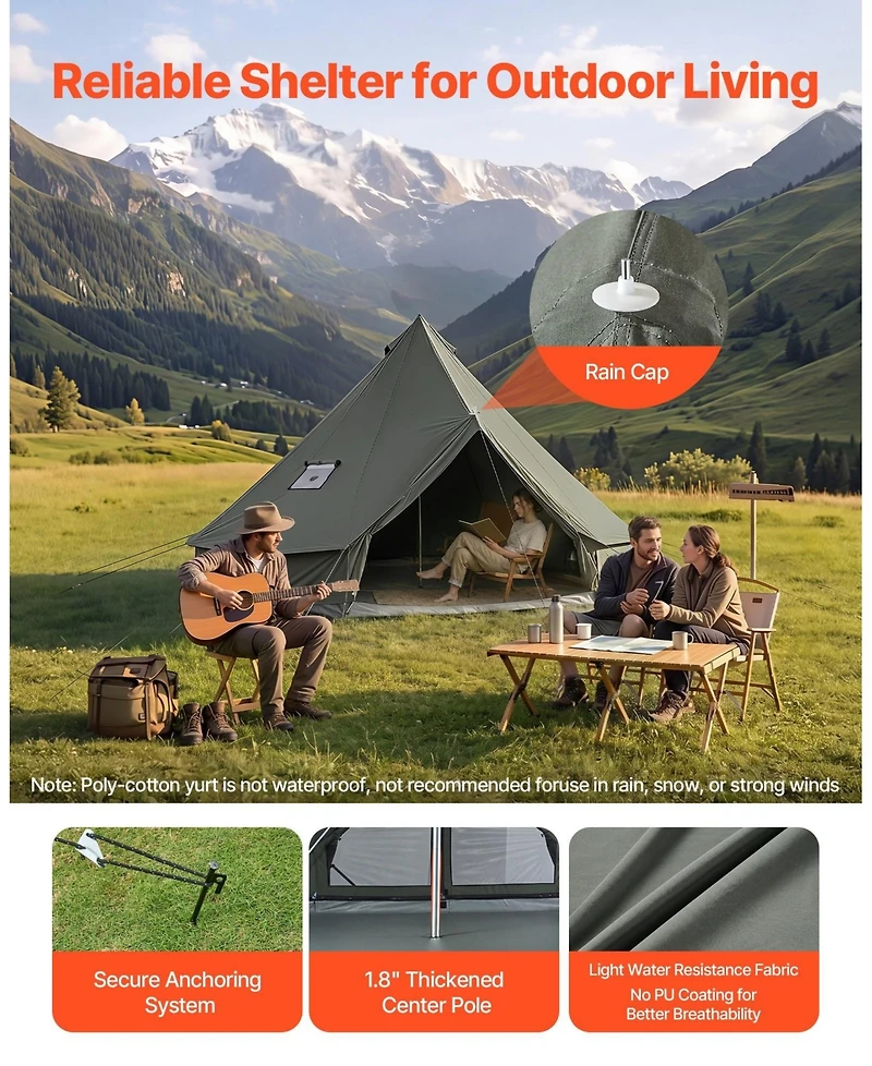Sugift 4 Seasons 13.12 feet Canvas Bell Tent for Camping with Stove Jack Fits 4 People Detachable Floor