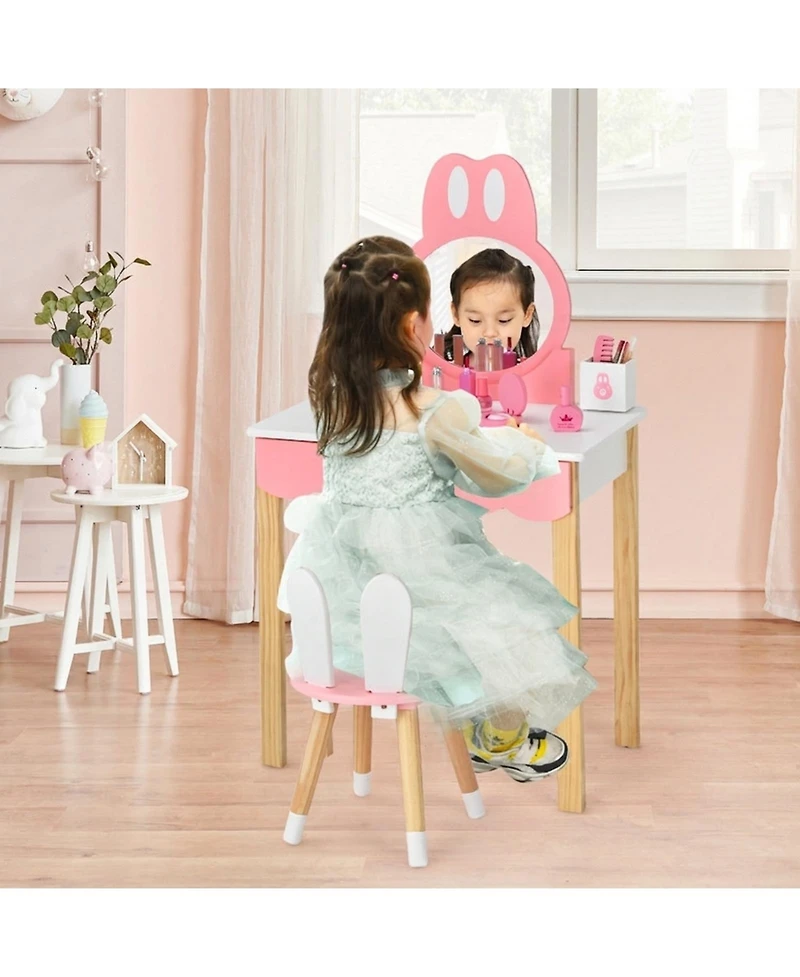 Gouun Kids Rabbit Vanity Table Chair Set with Detachable Mirror and Drawer